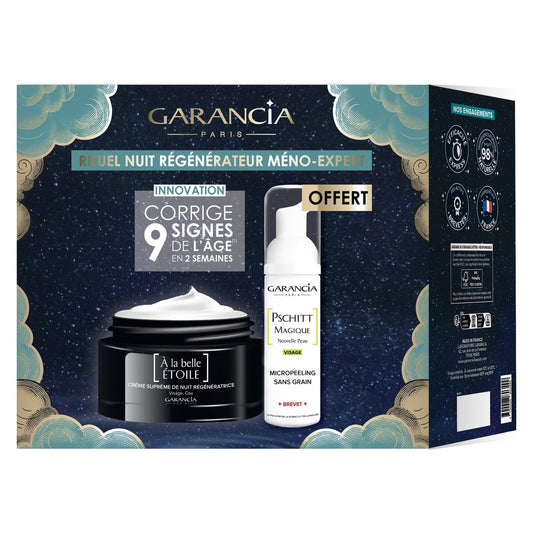 Coffret Rituel Nuit Régénérateur Anti-Âge Méno-Expert Femme Corrige 9 Signes De L'Âge Micropeeling Sans Grain 2 produits GARANCIA 