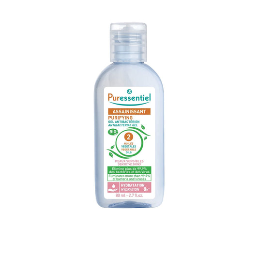 Gel Antibactérien Peaux Sensibles aux Huiles Végétales d'Amande Douce et de Ricin Bio PURESSENTIEL le flacon de 80mL