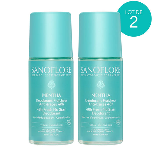 Déodorant Roll-On Homme Femme Anti-Transpirant Fraîcheur 48h Menthe Bio SANOFLORE le lot de 2 flacon de 50mL