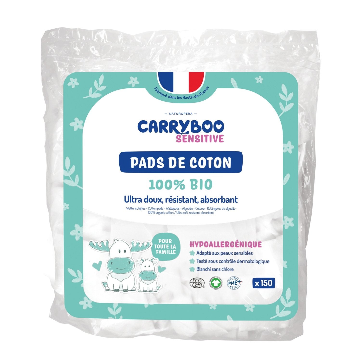 Cotons Pads Bio Bébé Change et Toilette CARRYBOO le paquet de 150 cotons