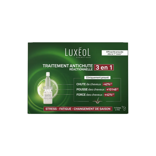 Soin Cheveux Anti-Chute Réactionnelle à la Kératine LUXEOL la boîte de 14 fioles de 7mL