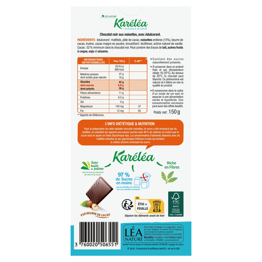 Chocolat Noir Noisettes S/sucres Ajoutés KARELEA