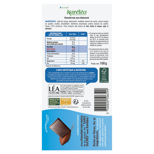 Dark Chocolate 72% Sugar Free KARELEA