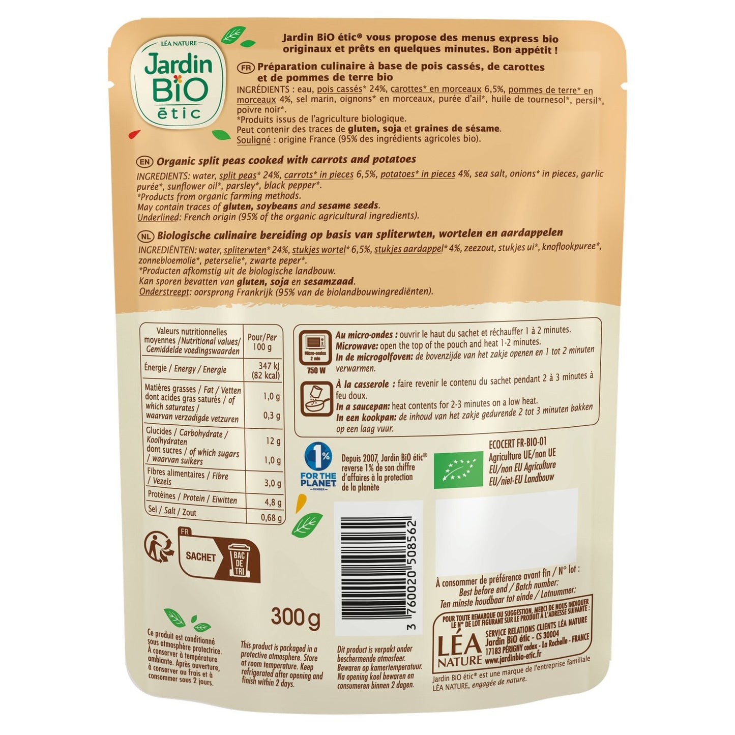 Plat Cuisiné Pois Cassés à la Paysanne Bio JARDIN BIO ETIC