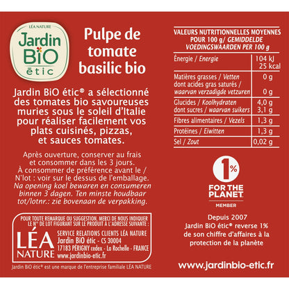 Organic Tomato Pulp with Basil JARDIN BIO ETIC