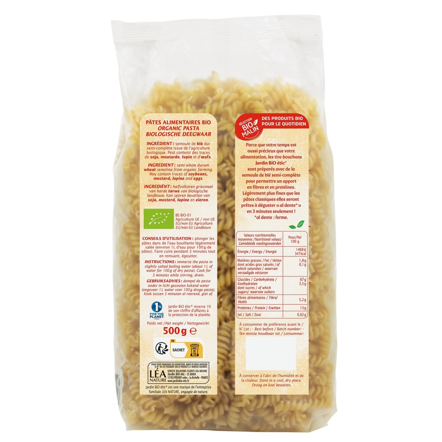 Organic Semi-Whole Grain Corkscrew Pasta JARDIN BIO ETIC