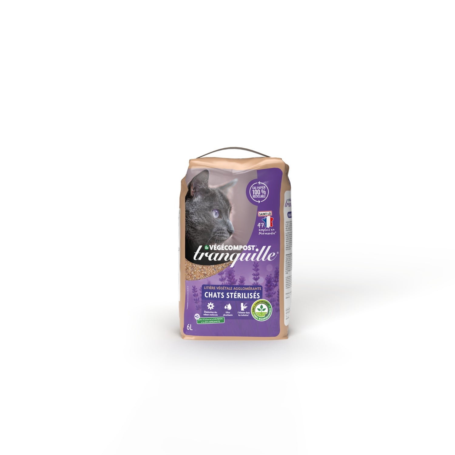 Litière Végécompost Biodégradable pour Chat Stérilisé TRANQUILLE 