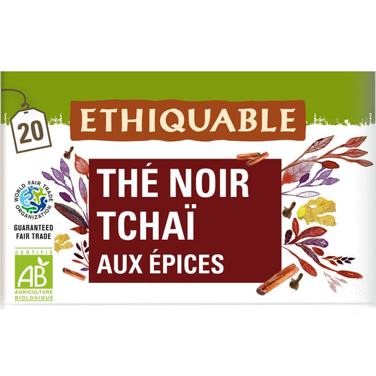 Thé Noir Tchaï aux Epices Darjeeling Bio ETHIQUABLE la boite de 20 sachets