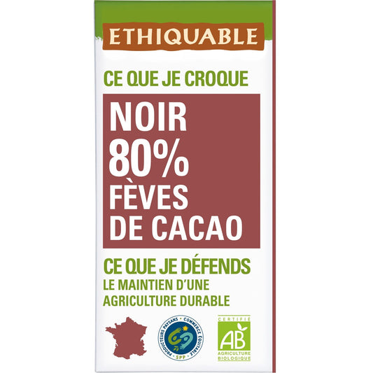 Dark Chocolate Bar 80% Organic Cocoa Beans ETHIQUABLE