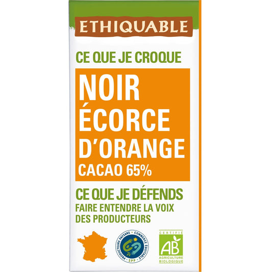 Tablette de Chocolat Noir Ecorces d'Orange Pérou Haïti Bio ETHIQUABLE la tablette de 100g