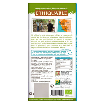 Tablette de Chocolat au Lait Noix de Coco Pérou Bio ETHIQUABLE
