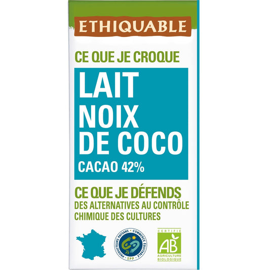 Tablette de Chocolat au Lait Noix de Coco Pérou Bio ETHIQUABLE la tablette de 100g