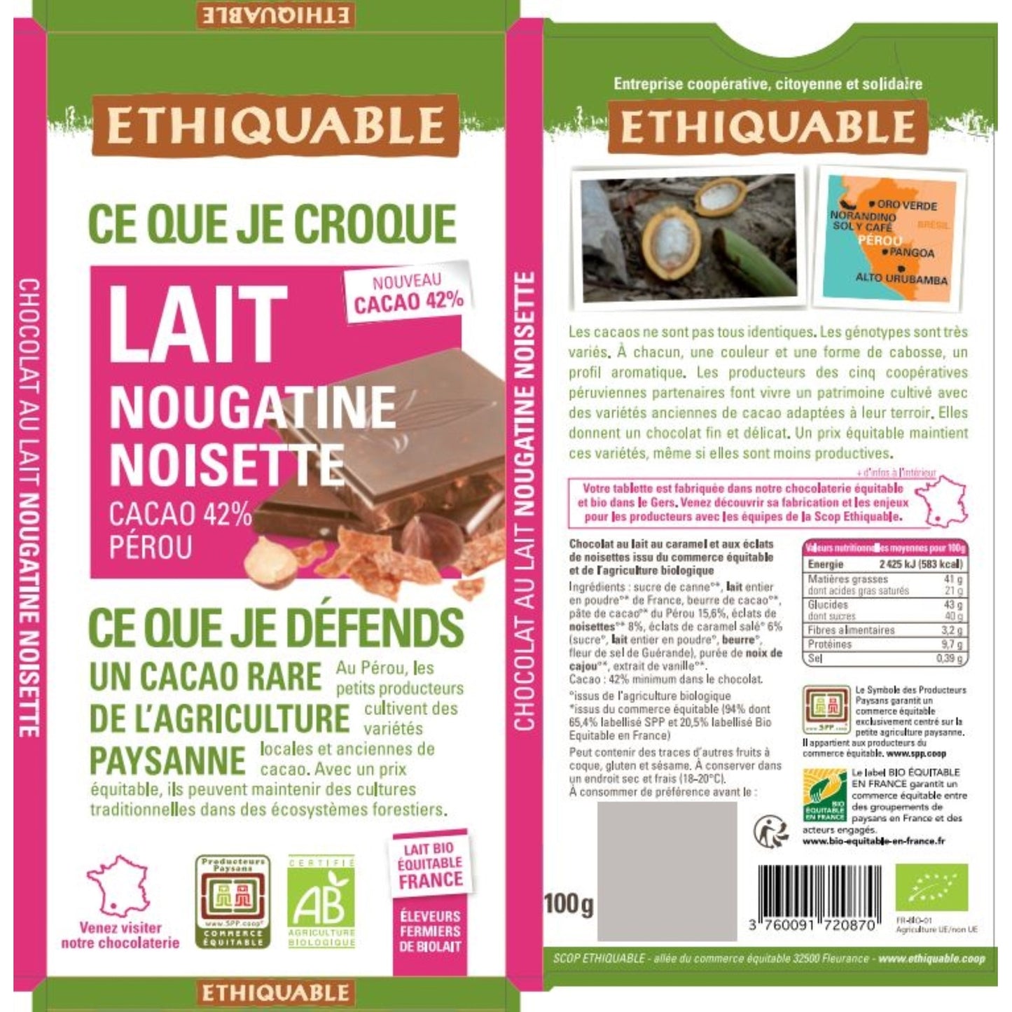 Chocolat au Lait, Nougatine & Noisettes Bio ETHIQUABLE