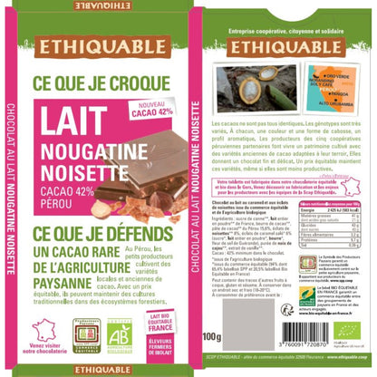 Chocolat au Lait, Nougatine & Noisettes Bio ETHIQUABLE