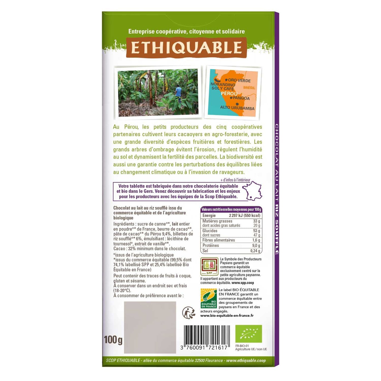 Tablette de Chocolat au Lait Riz Soufflé Pérou Bio ETHIQUABLE