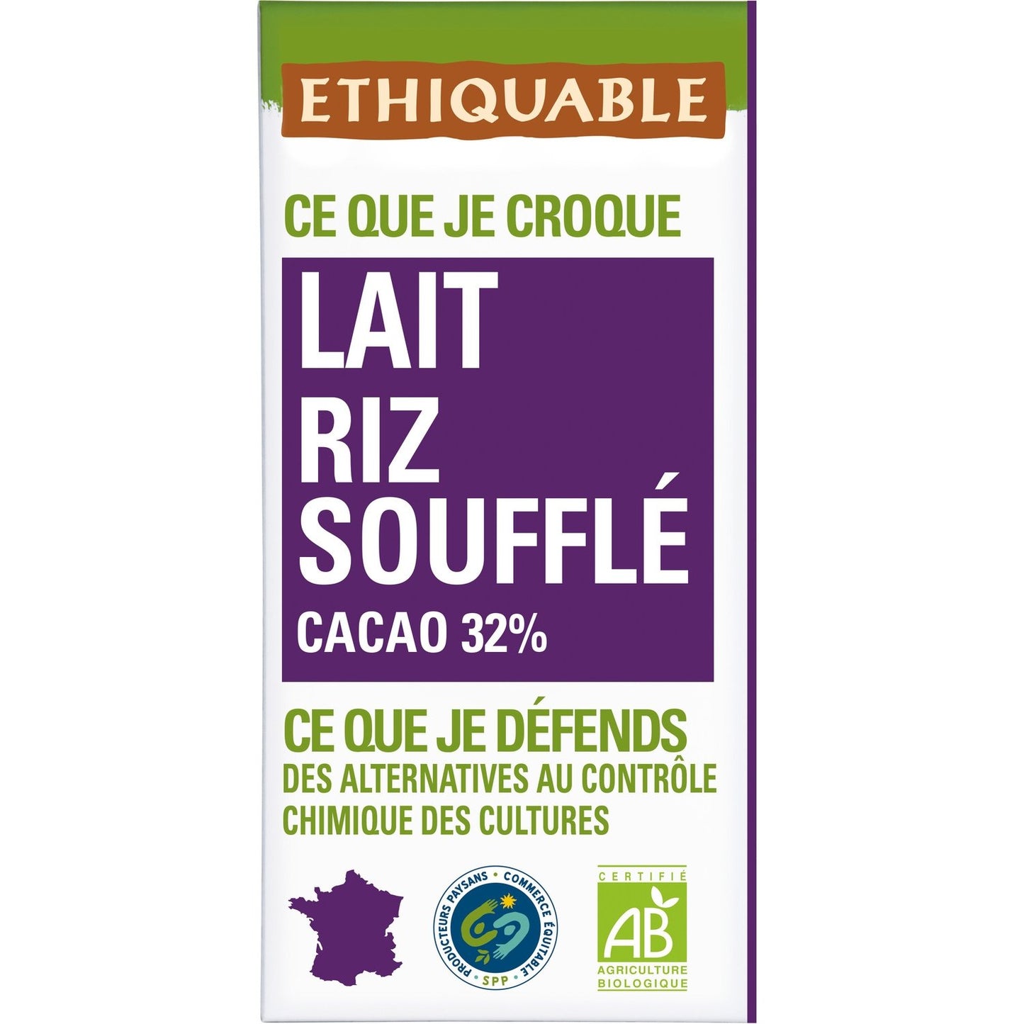 Tablette de Chocolat au Lait Riz Soufflé Pérou Bio ETHIQUABLE