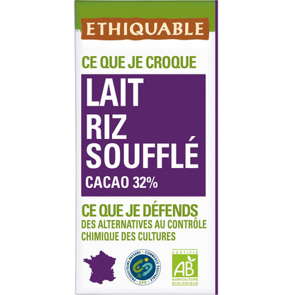 Tablette de Chocolat au Lait Riz Soufflé Pérou Bio ETHIQUABLE