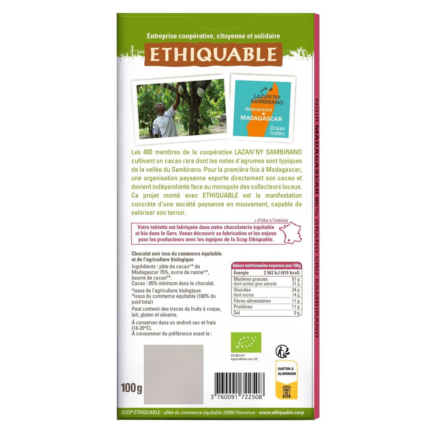 Dark Chocolate 85% Cocoa Fine Tangy Madagascar Organic ETHIQUABLE