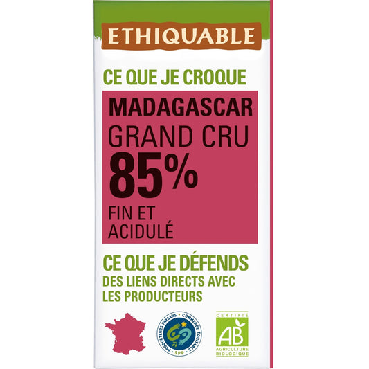 Dark Chocolate 85% Cocoa Fine Tangy Madagascar Organic ETHIQUABLE