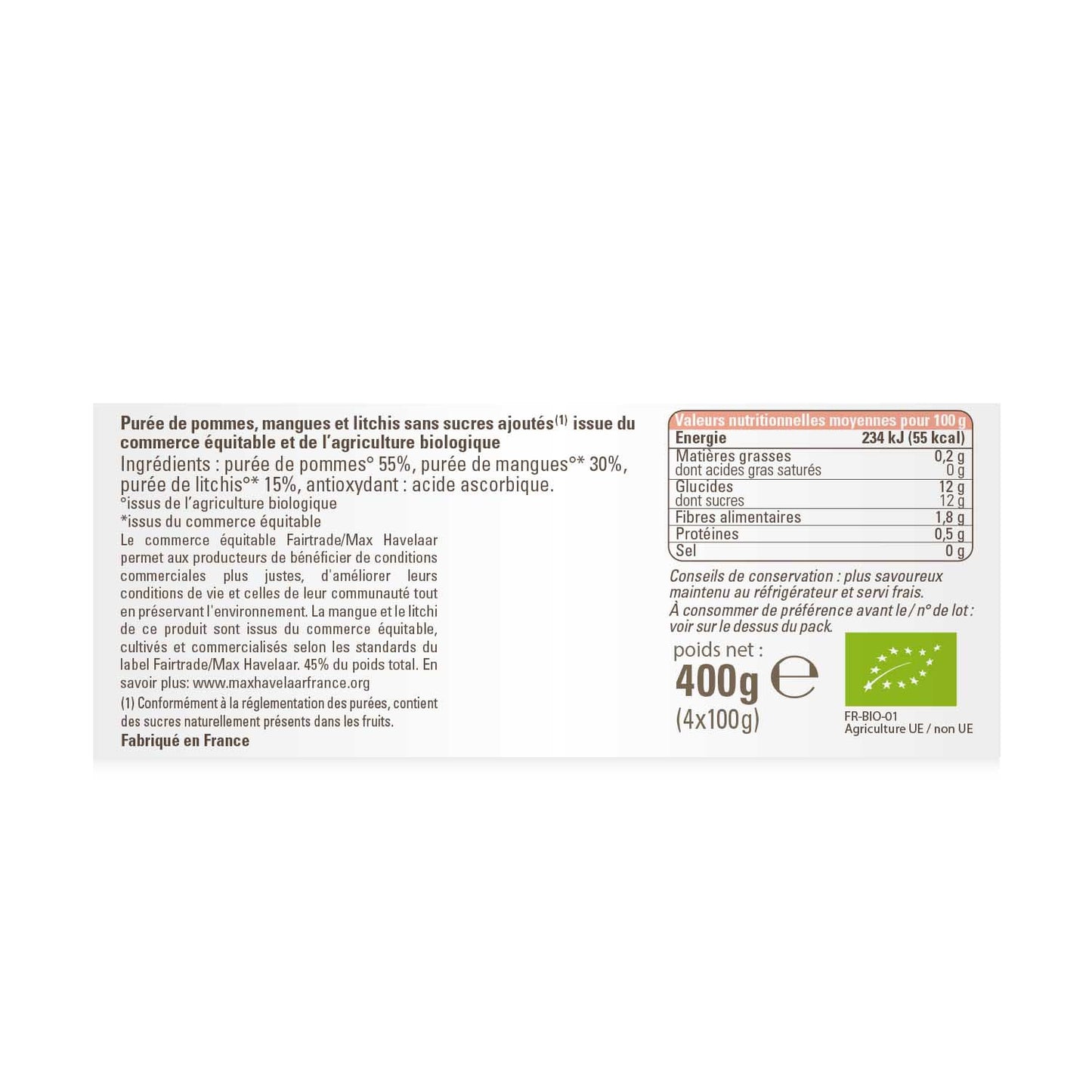 Compote Pomme Mangue Litchi Sans Sucre Ajouté Bio ETHIQUABLE