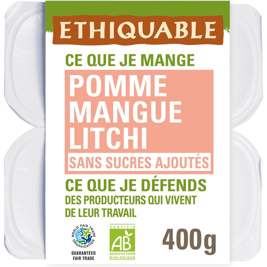Compote Pomme Mangue Litchi Sans Sucre Ajouté Bio ETHIQUABLE les 4 pots de 100g