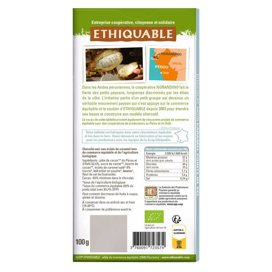 Organic Dark Chocolate Bar with Caramel Salt Peru Haiti ETHIQUABLE