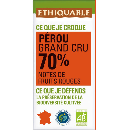 Tablette de Chocolat Noir 70% Cacao Pérou Bio ETHIQUABLE la tablette de 100g