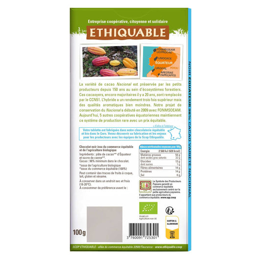Chocolat Noir 98% Cacao Délicate Amertume Equateur Bio ETHIQUABLE