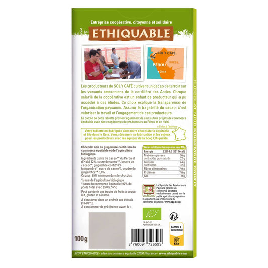 Chocolat Noir Gingembre Confit Pérou Bio ETHIQUABLE