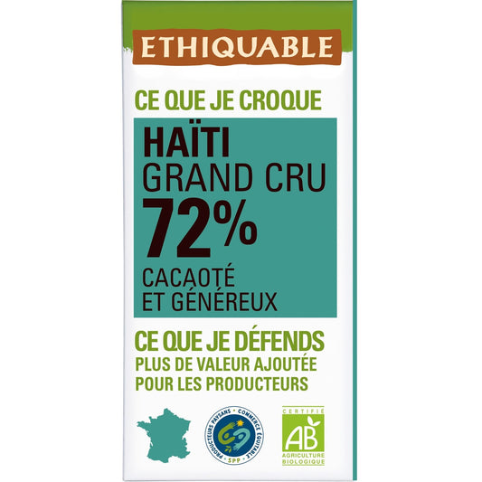 Tablette de Chocolat Noir 72% Cacao Haïti Bio ETHIQUABLE la tablette de 100g