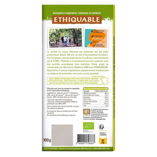 Tablette de Chocolat Noir 80% Cacao Equateur Bio ETHIQUABLE