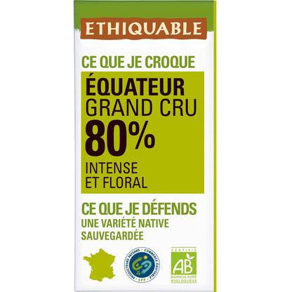 Tablette de Chocolat Noir 80% Cacao Equateur Bio ETHIQUABLE