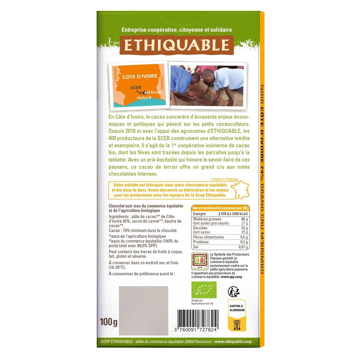 Tablette De Chocolat Noir 74% Cacao Côte d'Ivoire Bio ETHIQUABLE 