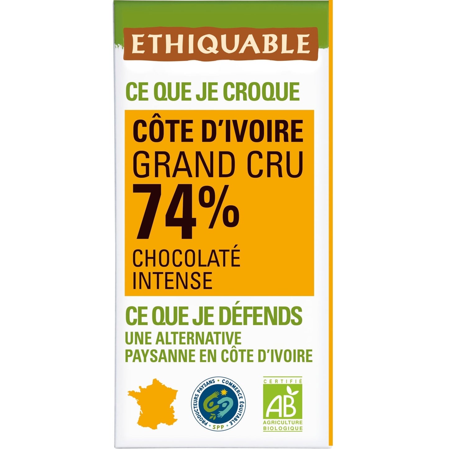 Tablette De Chocolat Noir 74% Cacao Côte d'Ivoire Bio ETHIQUABLE 