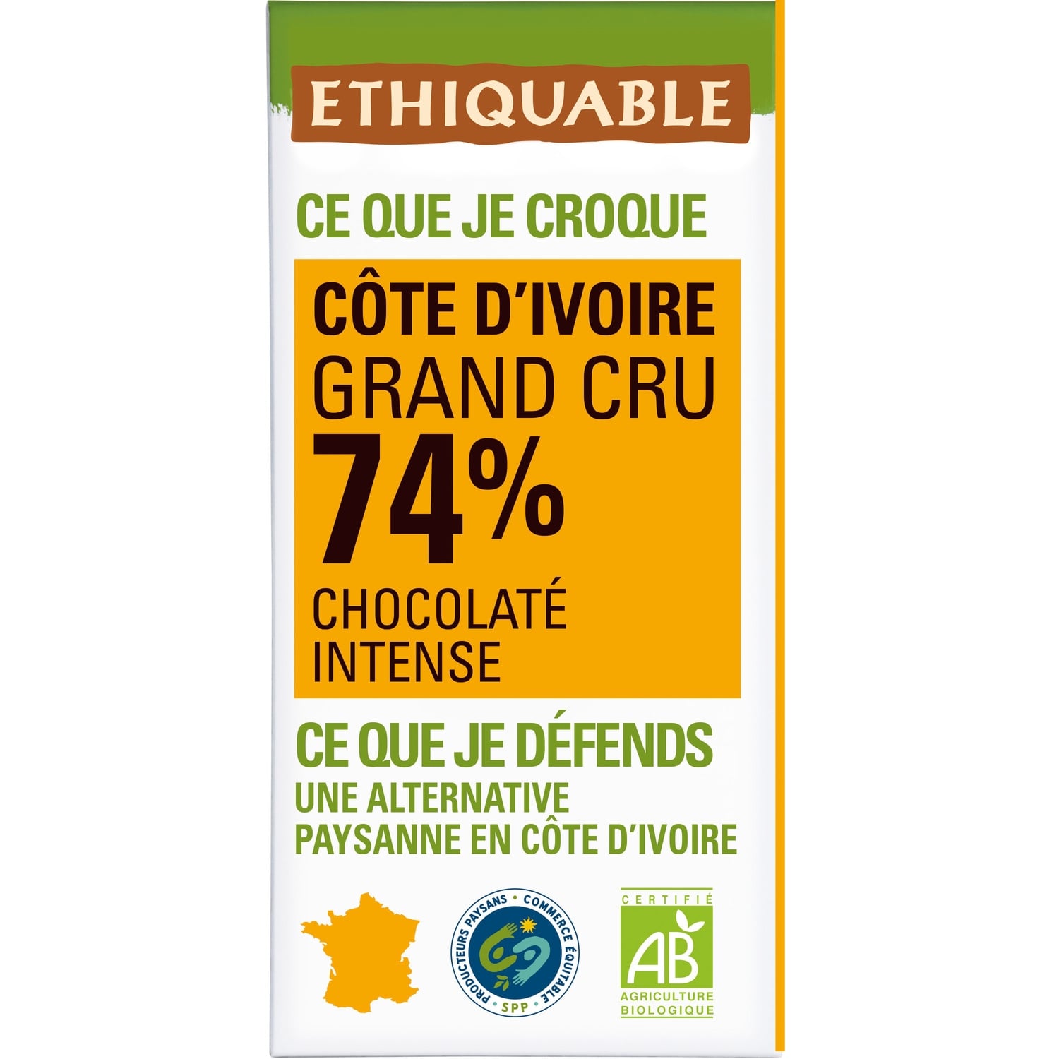 Tablette De Chocolat Noir 74% Cacao Côte d'Ivoire Bio ETHIQUABLE 