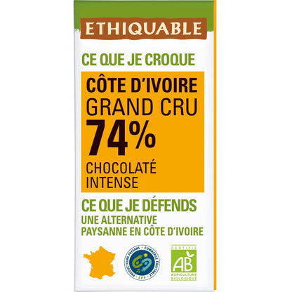 Tablette De Chocolat Noir 74% Cacao Côte d'Ivoire Bio ETHIQUABLE 