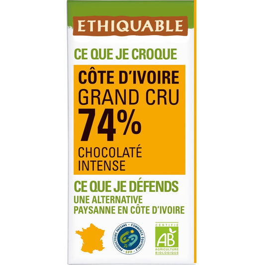 Tablette De Chocolat Noir 74% Cacao Côte d'Ivoire Bio ETHIQUABLE 