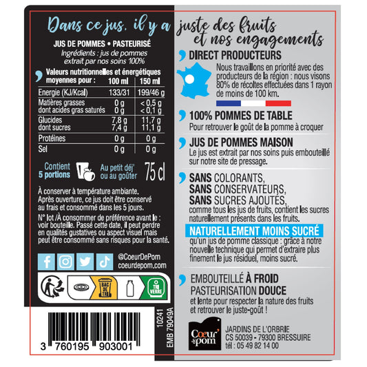 Apple Juice 30% Less Sugar Pure Juice COEUR DE POM'