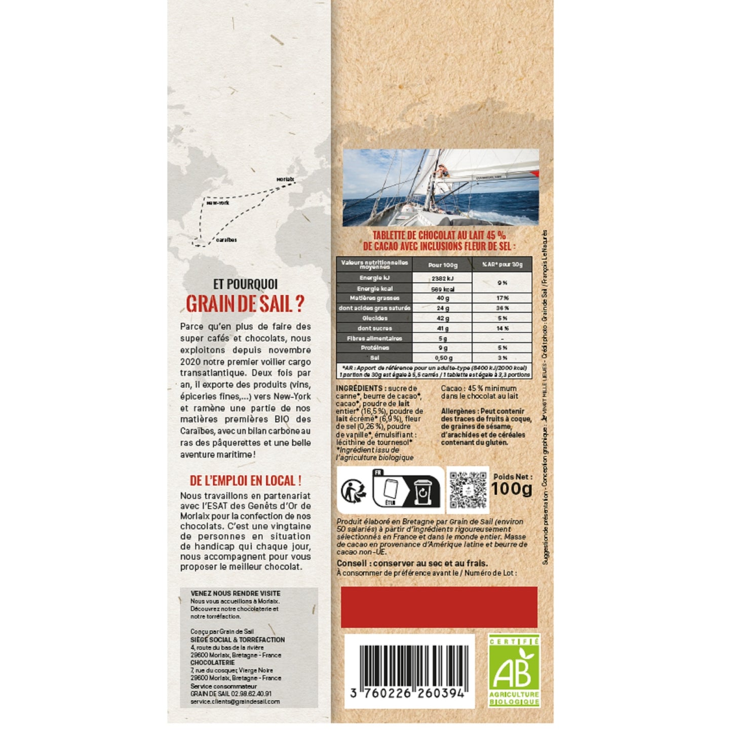 Tablette de Chocolat Lait Fleur de Sel Bio GRAIN DE SAIL 