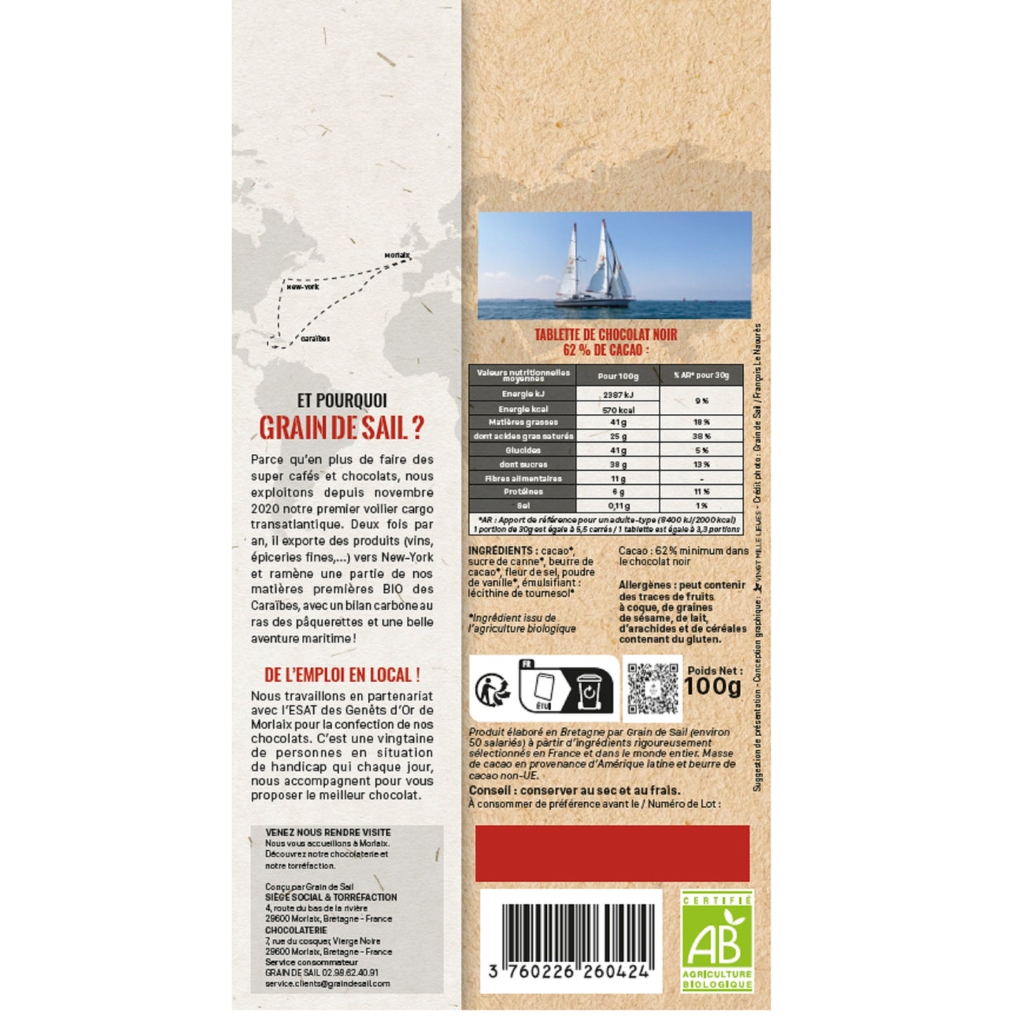 Tablette de Chocolat noir 62% Bio GRAIN DE SAIL 