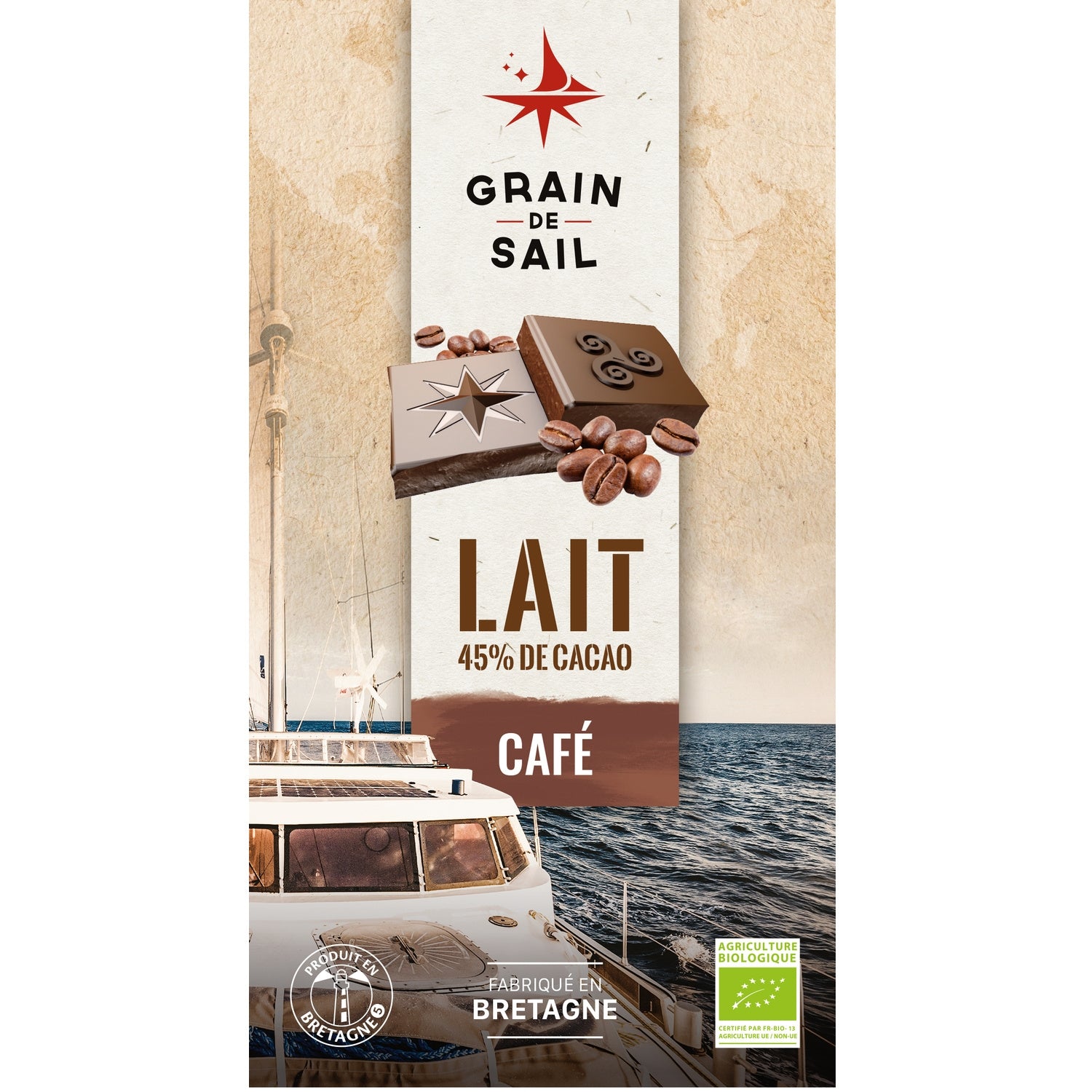 Tablette de chocolat lait 45% cacao café bio GRAIN DE SAIL 