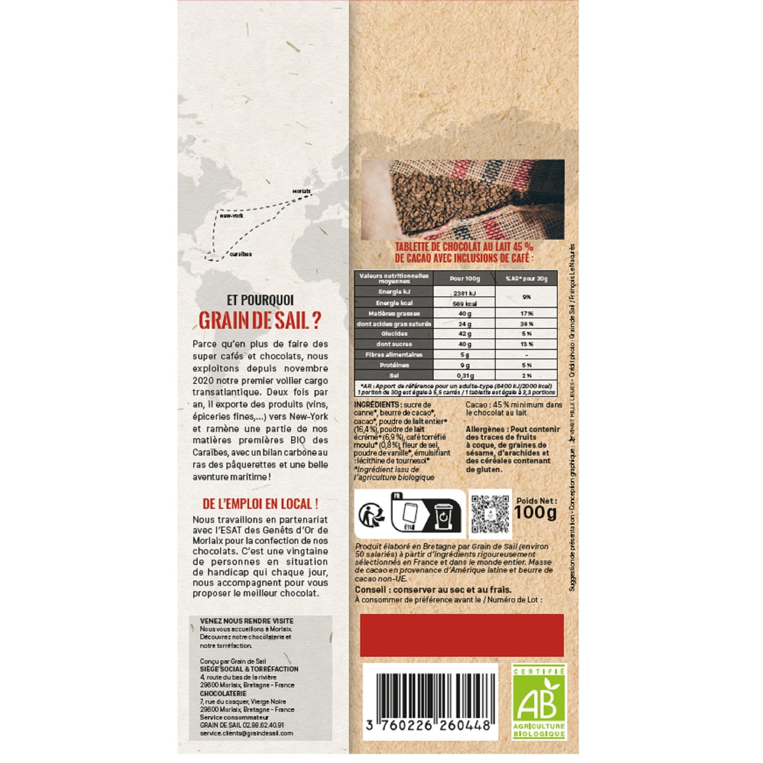 Tablette de chocolat lait 45% cacao café bio GRAIN DE SAIL 