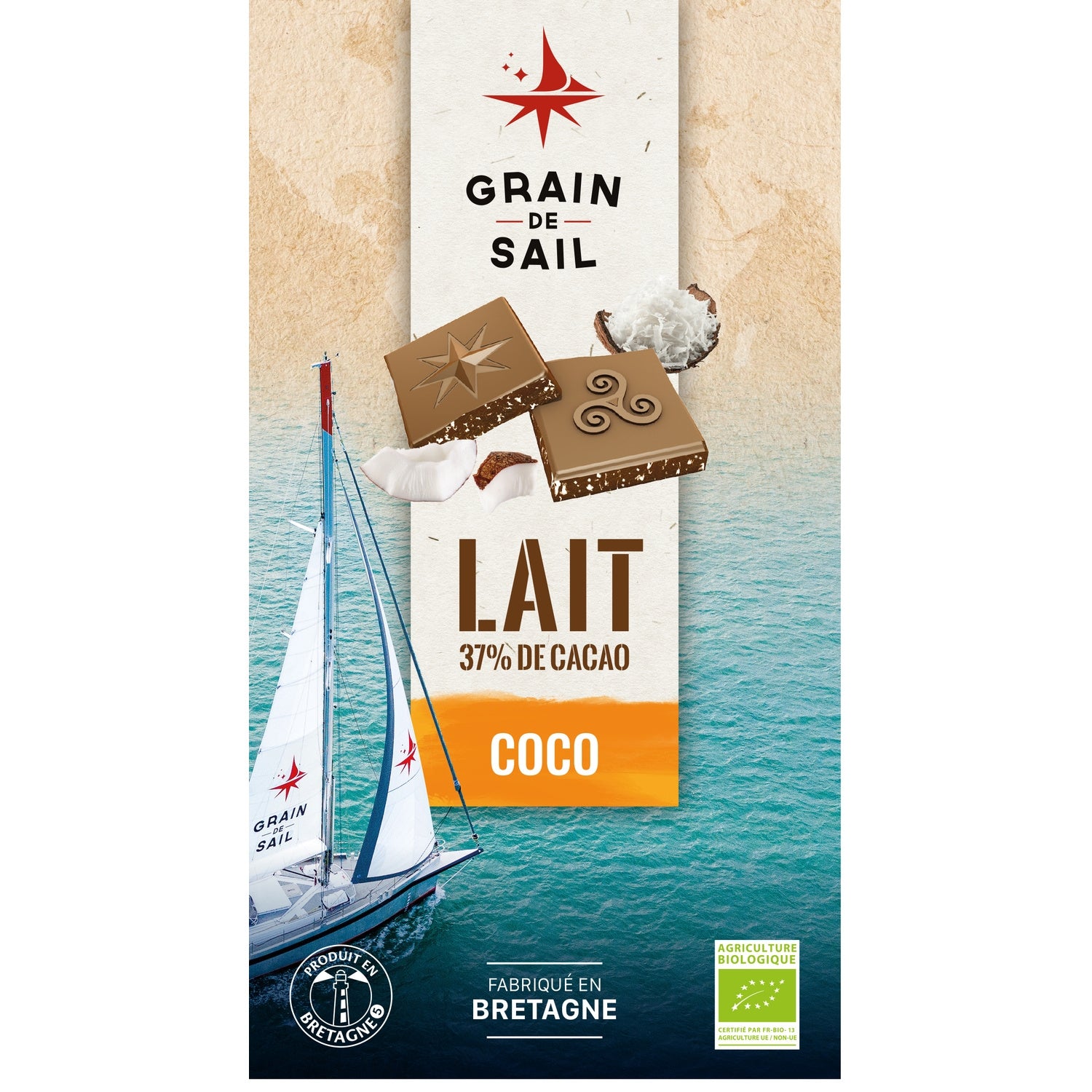 Tablette de chocolat lait 37% de cacao coco biologique GRAIN DE SAIL 