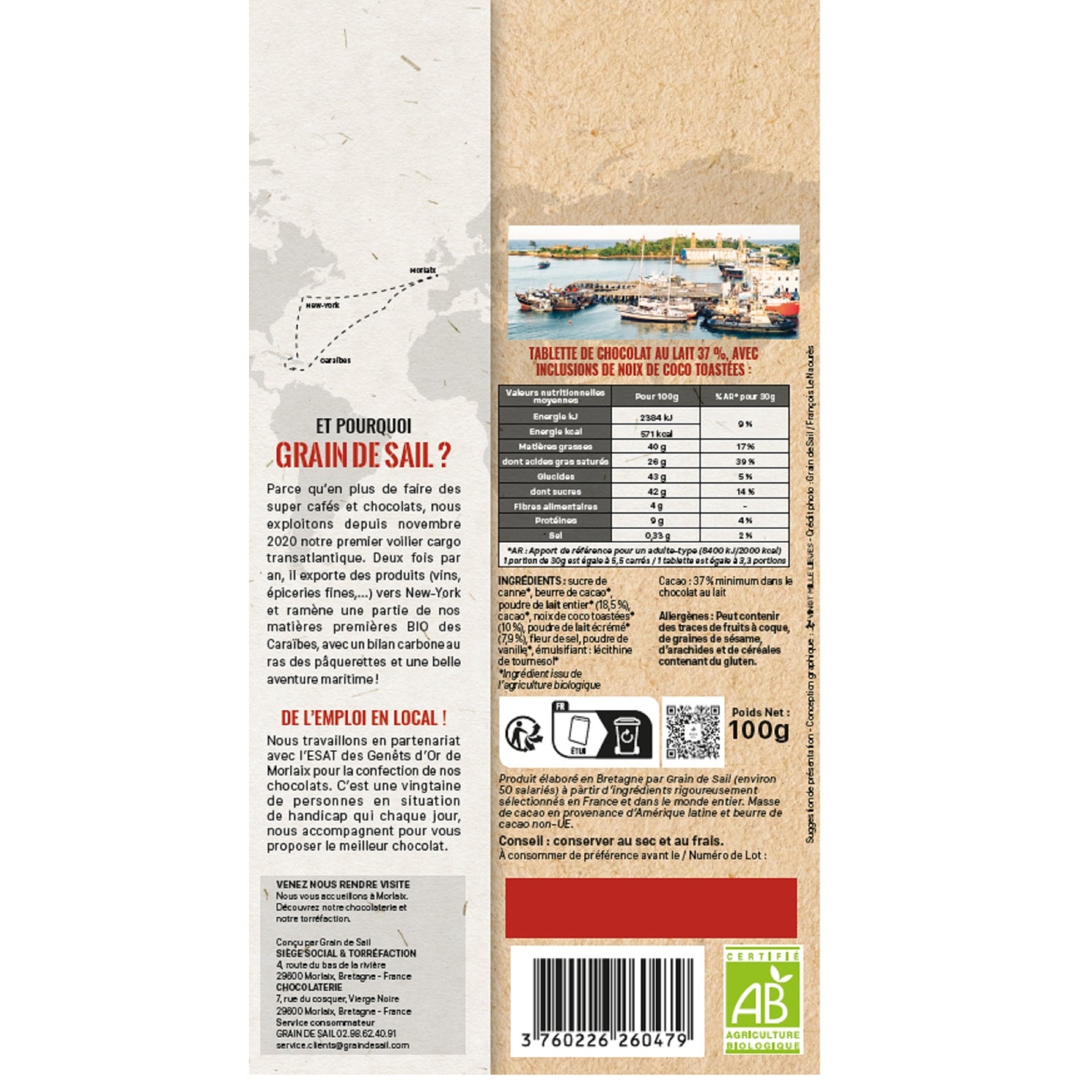 Tablette de chocolat lait 37% de cacao coco biologique GRAIN DE SAIL 
