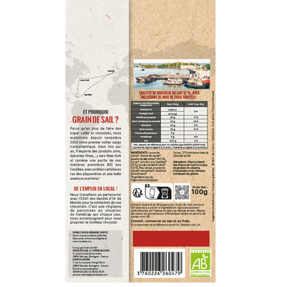 Tablette de chocolat lait 37% de cacao coco biologique GRAIN DE SAIL 
