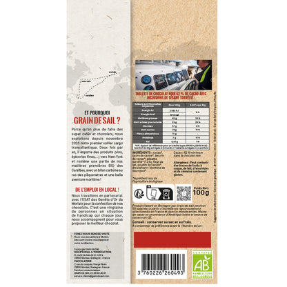 Tablette de Chocolat Noir Sésame Bio GRAIN DE SAIL 