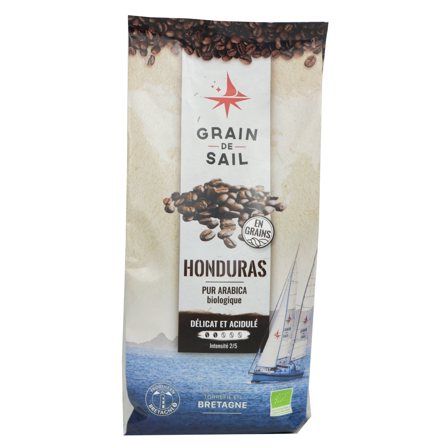 Café en Grains Pur Arabica Honduras Biologique Délicat et Acidulé Intensité 2/5 Torréfié en Bretagne GRAIN DE SAIL 
