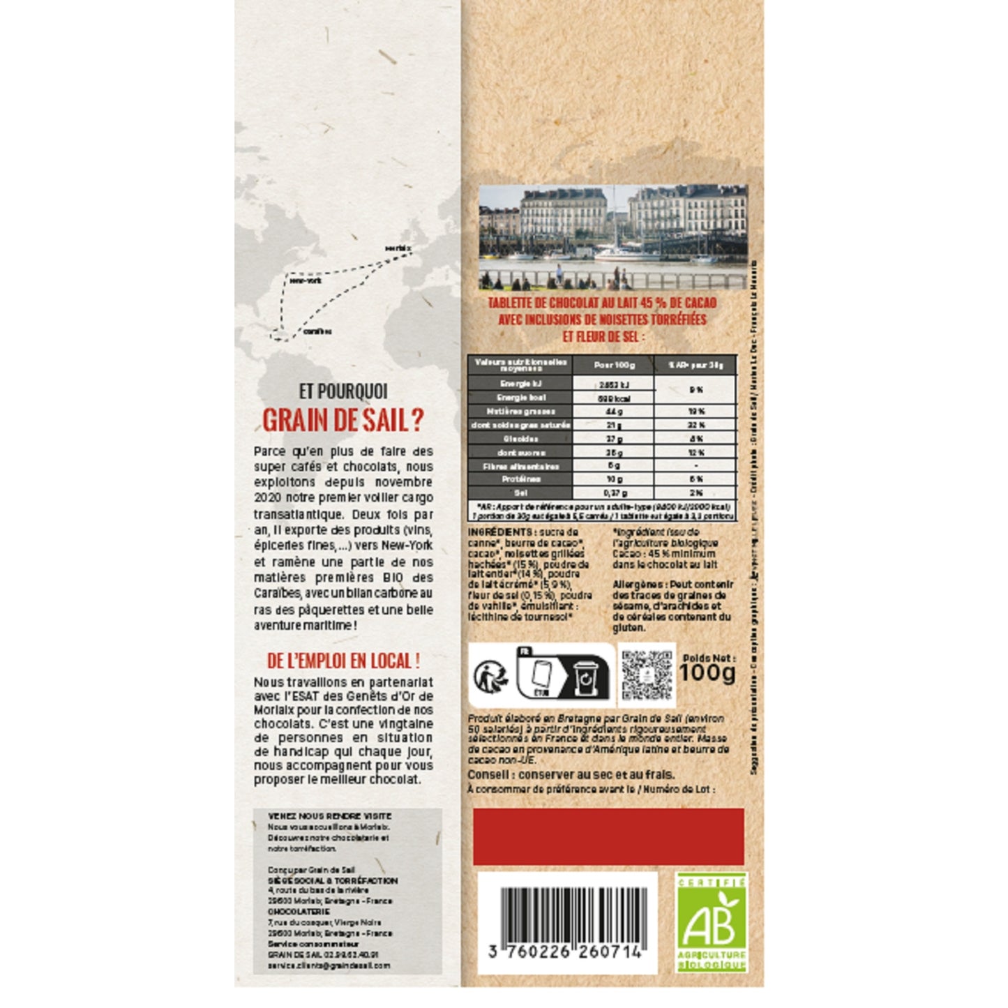 Tablette de Chocolat Lait Noisettes Torréfiées Fleur de Sel Bio GRAIN DE SAIL 