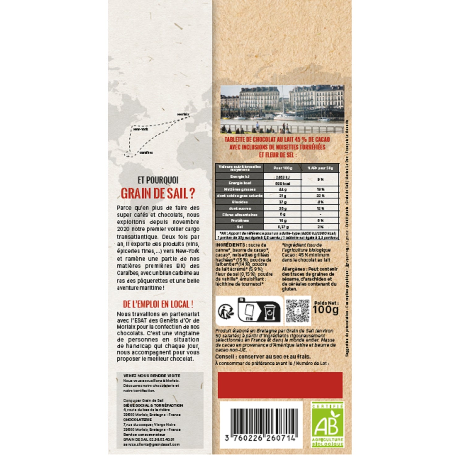 Tablette de Chocolat Lait Noisettes Torréfiées Fleur de Sel Bio GRAIN DE SAIL 