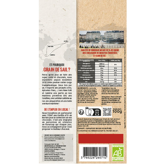 Tablette de Chocolat Lait Noisettes Torréfiées Fleur de Sel Bio GRAIN DE SAIL 